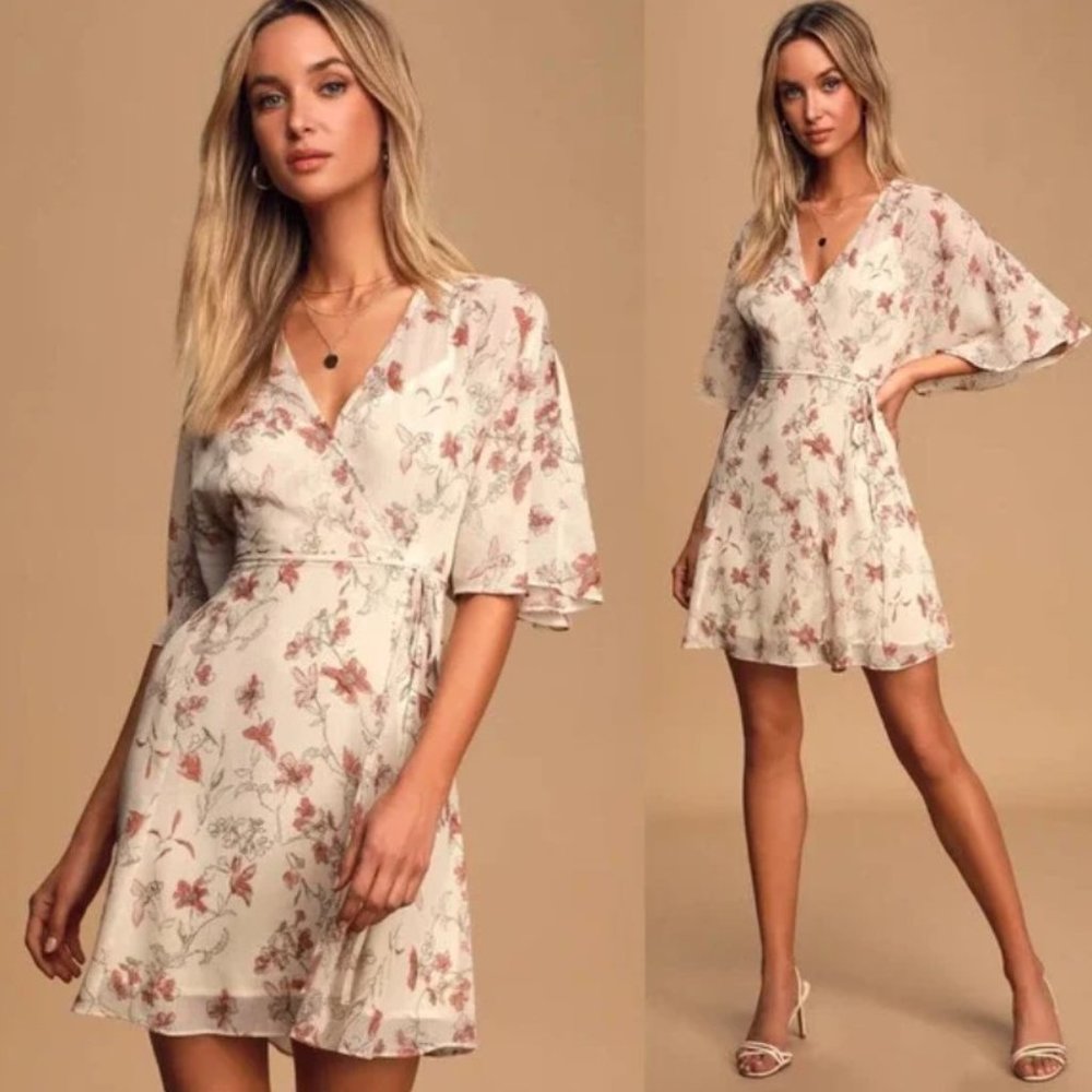 Lulu’s All Along Floral Faux-Wrap Dress Beige Floral Print Medium M